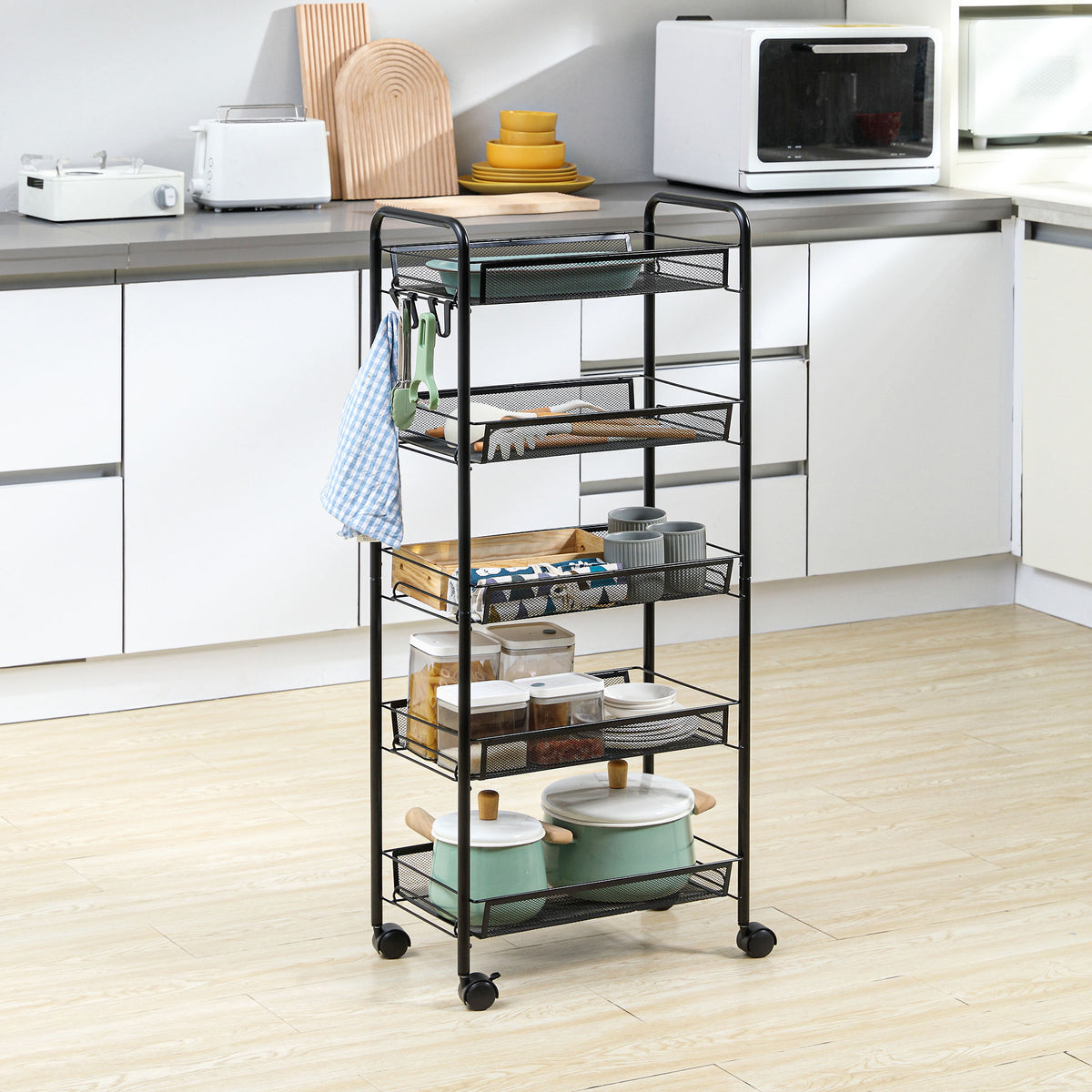 Carrinho Auxiliar com Rodas Carrinho de Cozinha de 5 Níveis com Cestos de Malha Removíveis e Estrutura de Aço para Sala de Estar Casa de Banho Sala de Jantar Escritório 45x26,5x106 cm Preto — foto 2
