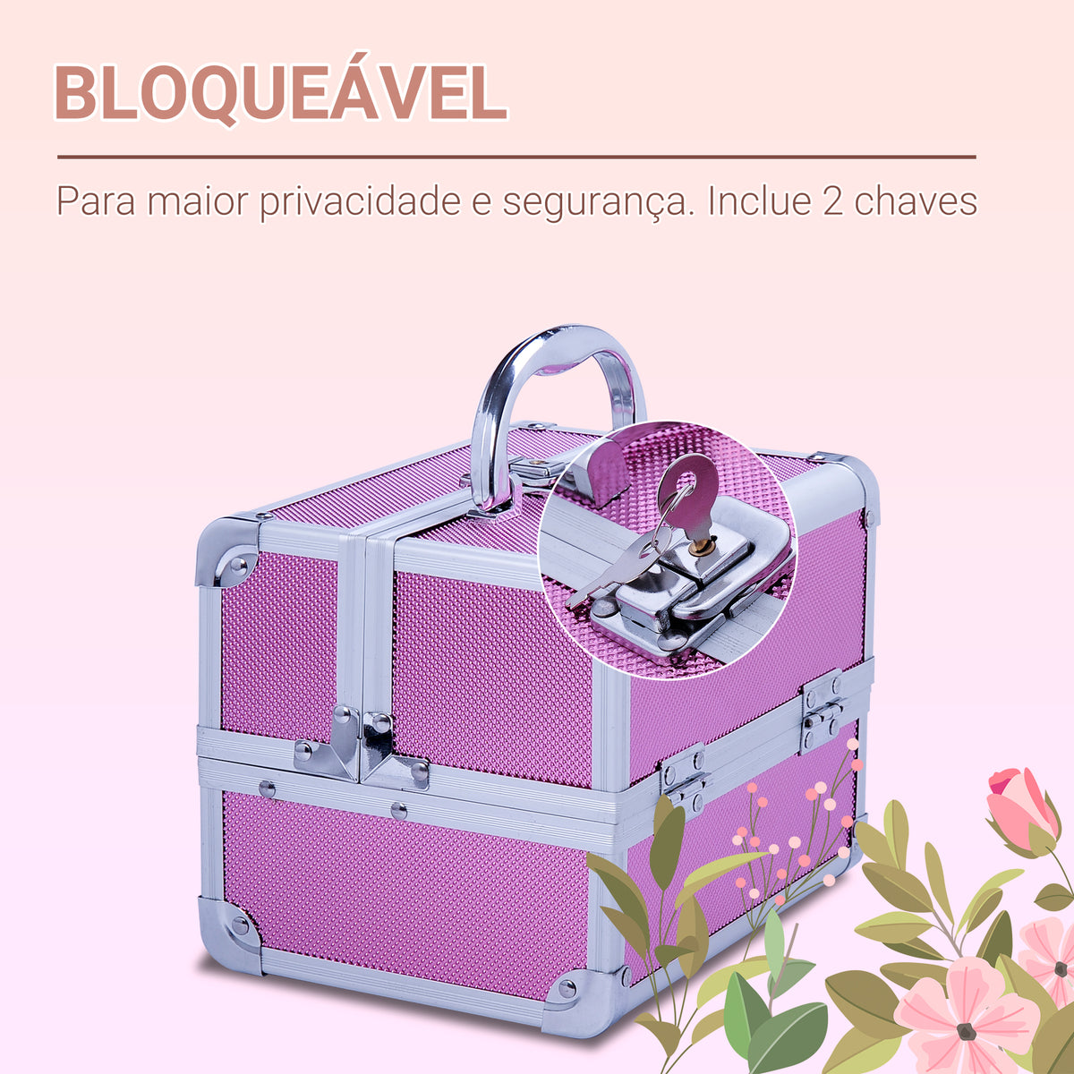 Estojo de Maquiagem Profissional Portátil de Cosméticos com Bandejas de 3 Níveis e Espelho 2 Chaves para Porta-Joias Manicure 15x15x20cm Rosa — foto 4