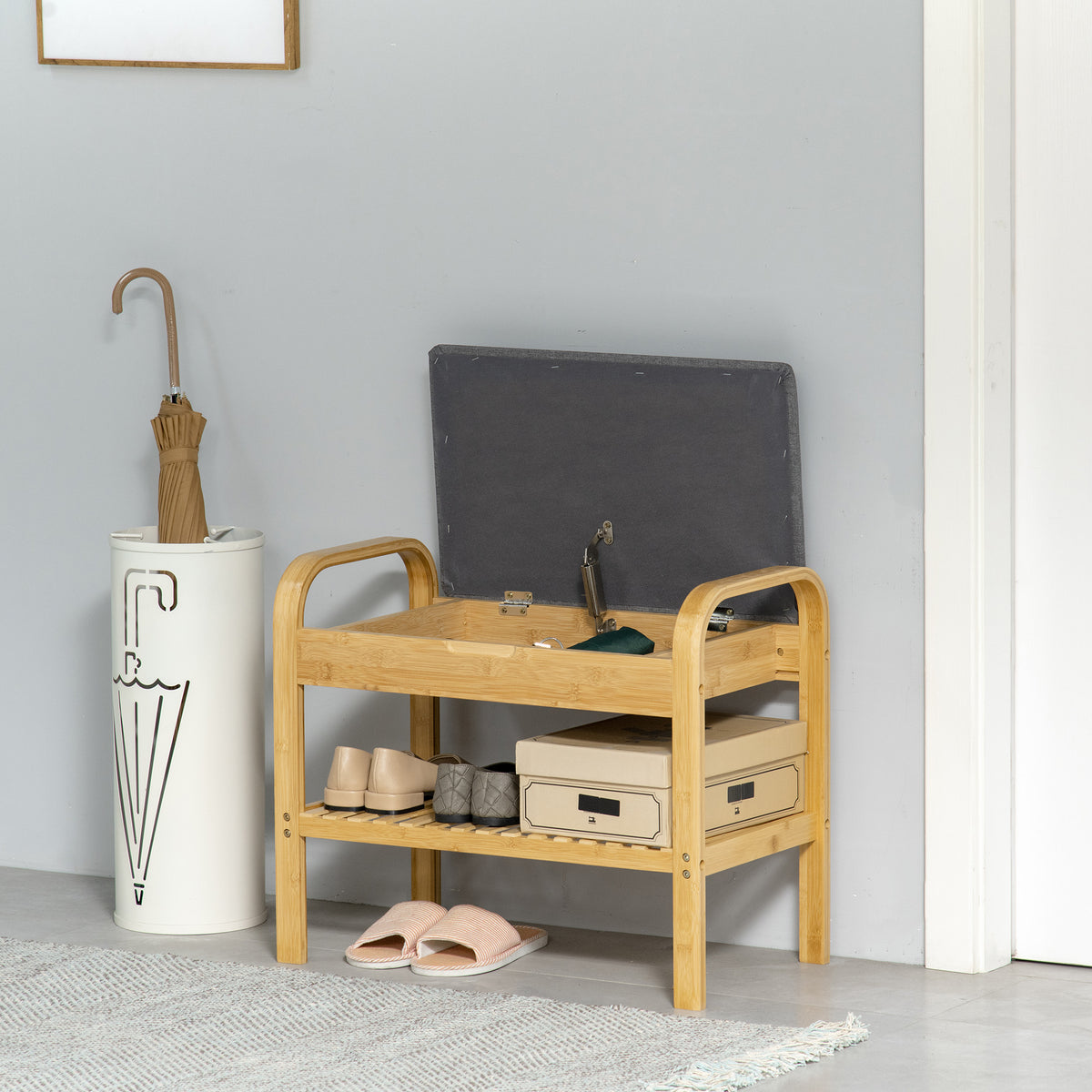 Banco Sapateira de Bambú Banco para Sapatos com Prateleira Almofada Acolchoada Abatível e Espaço Oculto de Armazenamento para Entrada Corredor 60x33x50cm Natural — foto 2