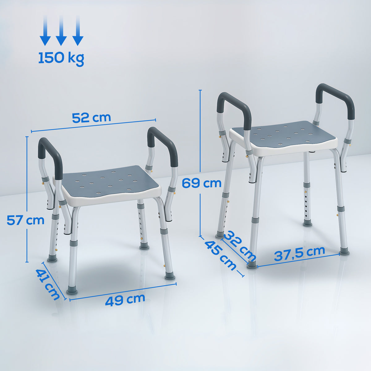 Banco de Duche Cadeira de Duche para Pessoas Idosas com Altura Ajustável Cadeira de Duche de Alumínio Antiderrapante Carga 150 kg para Idosos e Descapacitados 52x45x57-69 cm Azul — foto 3
