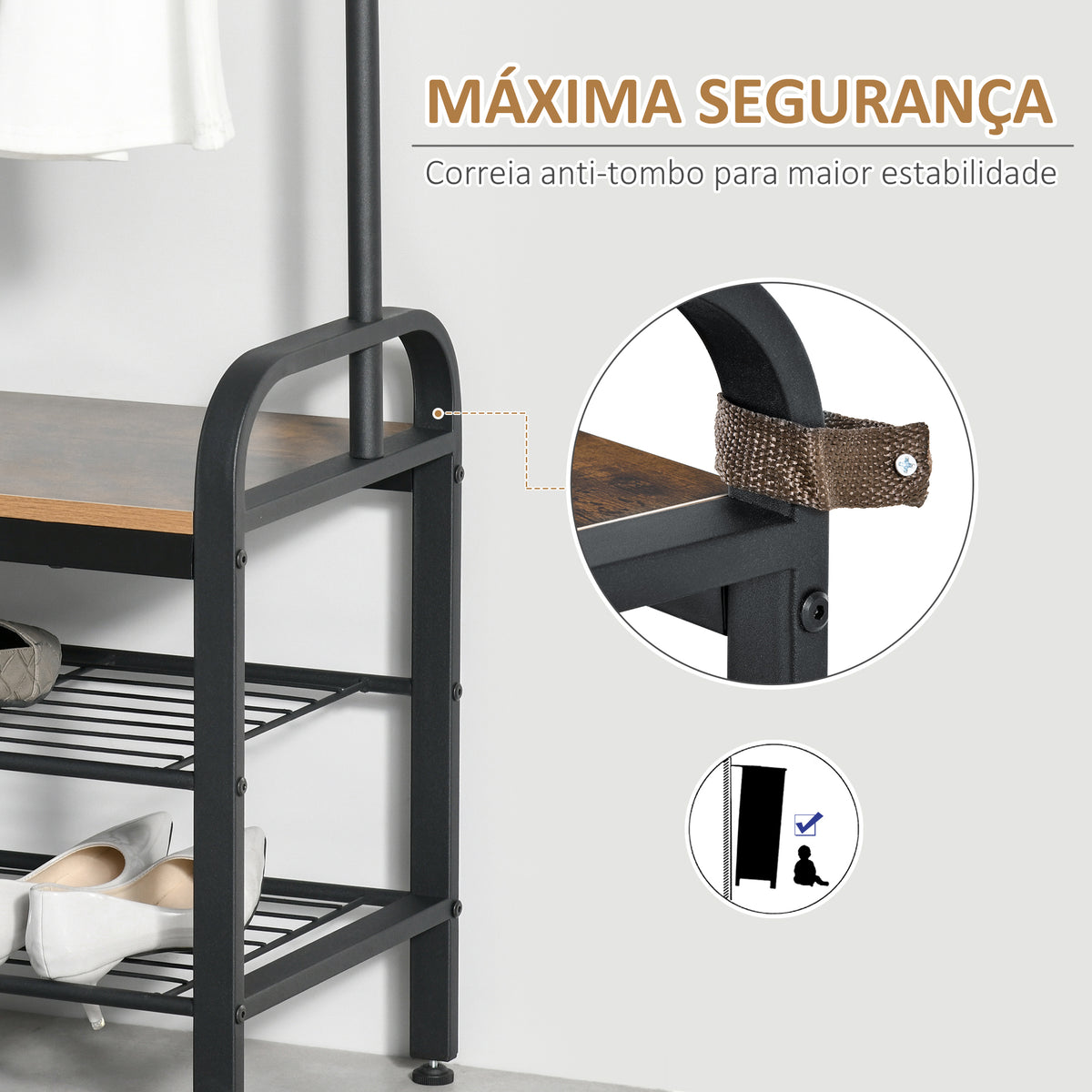 Móvel Cabide de Entrada com 8 Ganchos e Sapateira Armário de Entrada com Cabides 72x34x185cm Marrom Rústico e Preto — foto 5
