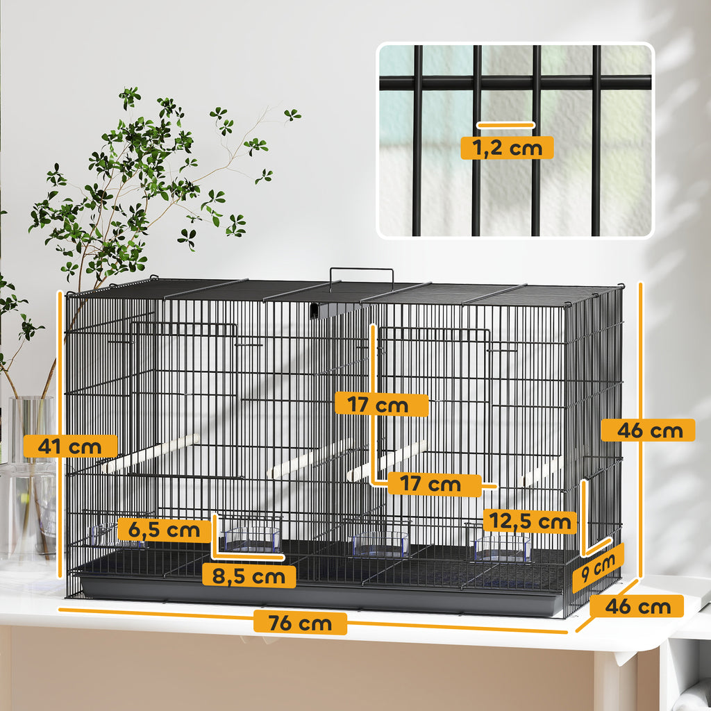 Gaiola para Pássaros com Divisória Gaiola para Aves com 4 Comedouros 4 Poleiros e Bandeja Amovível Gaiola para Canários Periquitos 76x46x46 cm Preto — foto 3