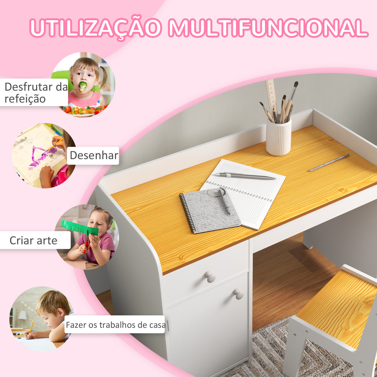 Conjunto de Secretária e Cadeira para Crianças Secretária Infantil com Cadeira Conjunto Infantil de 2 Peças com Gaveta e Armário para Quarto Sala Branco e Natural — foto 5
