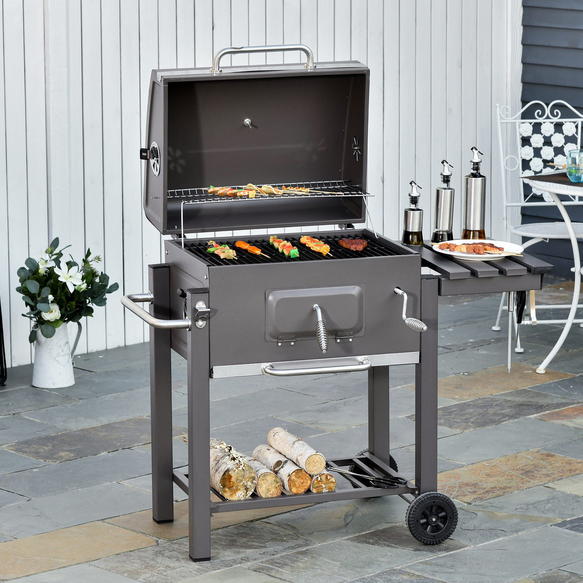 Barbecue a Carvão com Rodas Prateleira Lateral e Termômetro Barbecue a Carvão para Jardim Campismo Exterior 115x56x108cm Cinza — foto 2