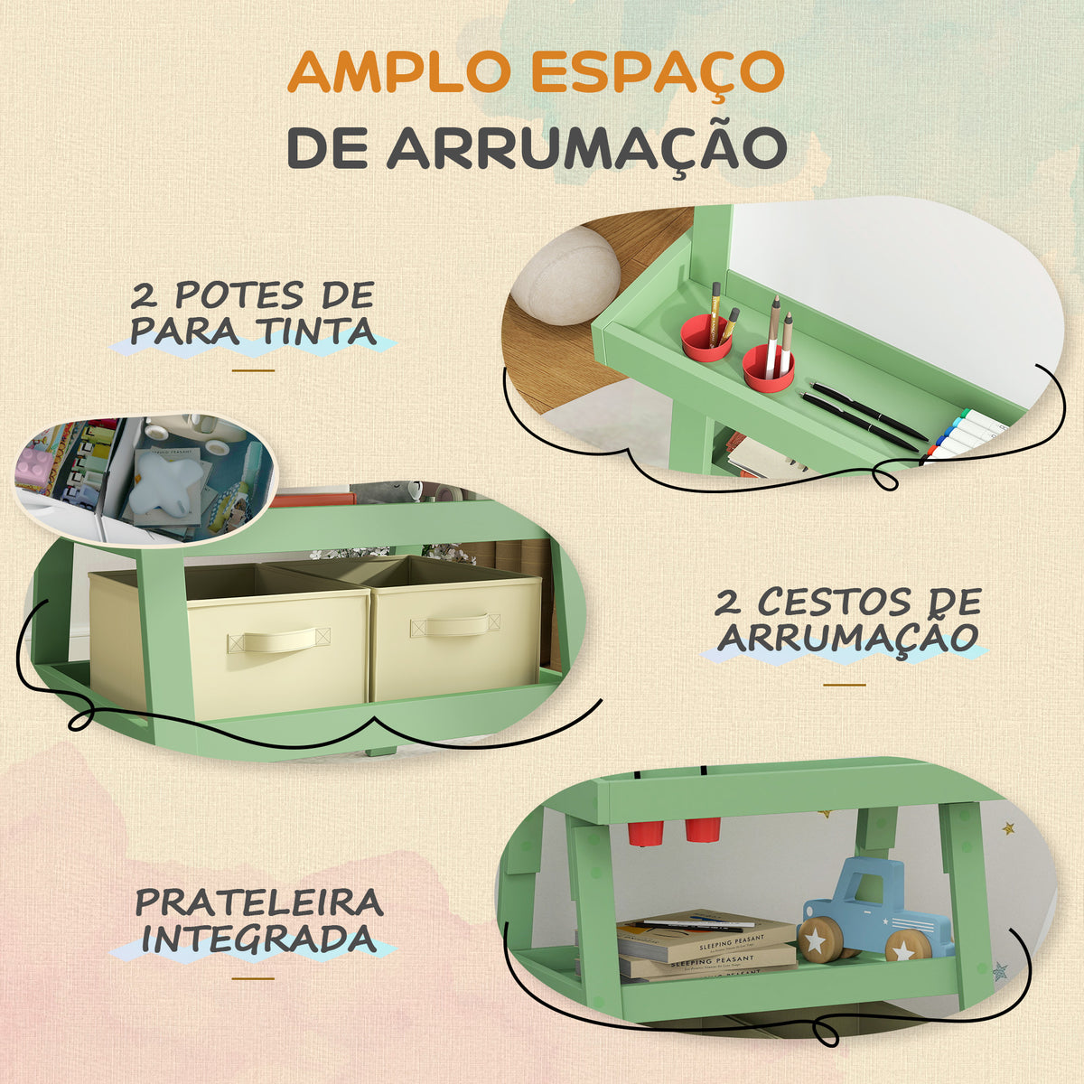Quadro infantil Cavalete de Pintura Infantil 3 em 1 Quadro Magnético Dupla Face com Rolo de Papel e Cestos de Arrumação Verde — foto 5