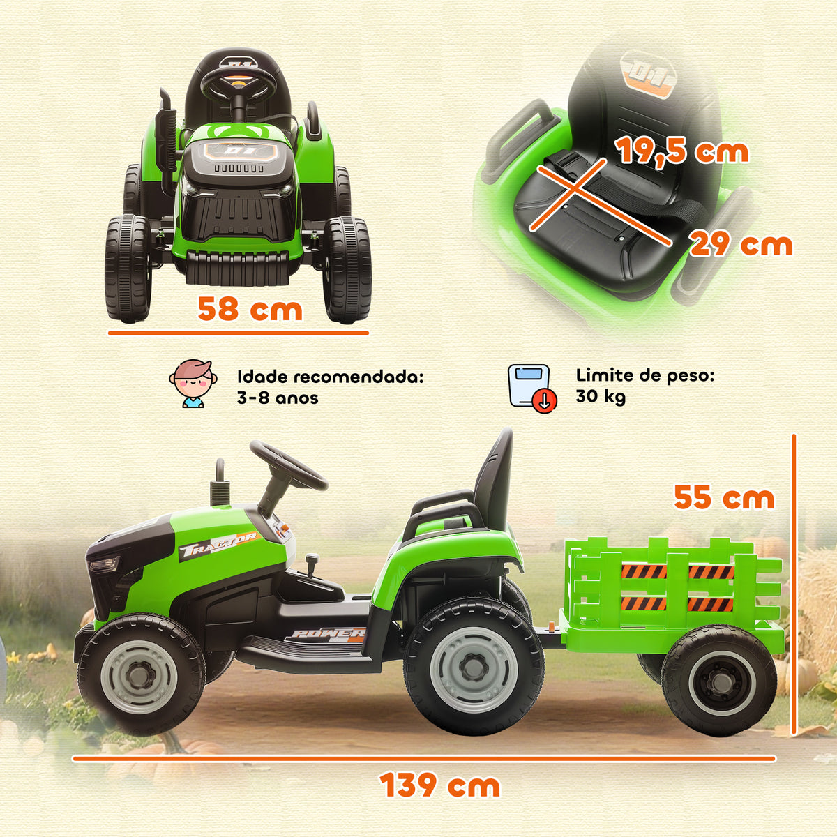 Trator Elétrico para Crianças com Reboque Desmontável Bateria 12V Velocidade 3-5 km/h Controle Remoto 2,4G Música Buzina para Crianças de 3-8 Anos 139x58x55 cm Verde — foto 3