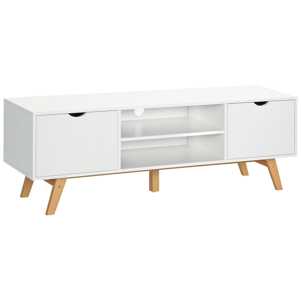 Móvel de TV para Televisores de até 65 Polegadas Móvel de TV com 2 Armários Prateleiras Abertas Puxador Oco Pés de Madeira de Borracha e Orifício Passa Cabos 150x39x50 cm Branco e Madeira — foto 1