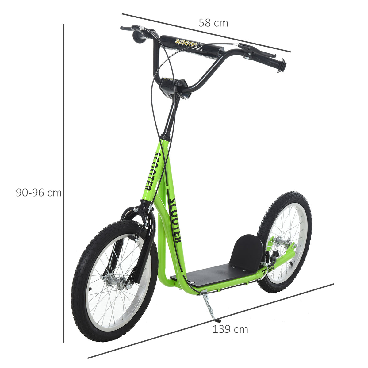 Trotinete para Crianças acima de 5 Anos e Adolescentes com Guiador Ajustável em Altura 2 Pneus de Borracha Insufláveis com Travagem Dupla e Rodas 16" Carga 100 kg 139x58x90-96 cm Verde — foto 3