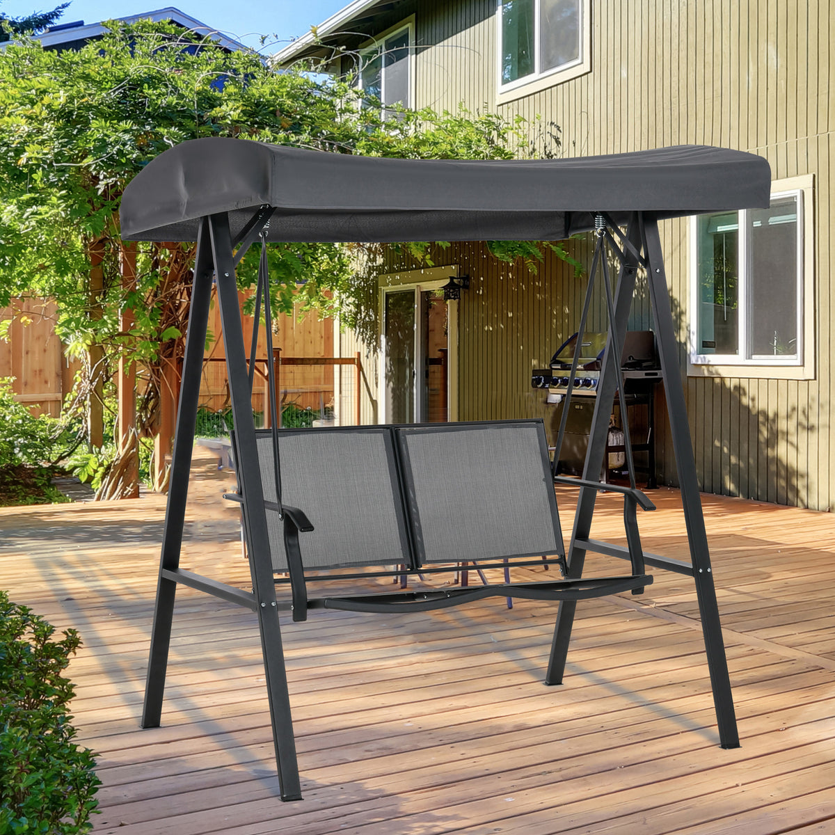 Baloiço de Jardim de 2 Lugares com Teto Ajustável Encosto Respirável e Estrutura de Aço para Balção Terraço Exterior Carga Máx. 220kg 150x11x170cm Cinza — foto 2