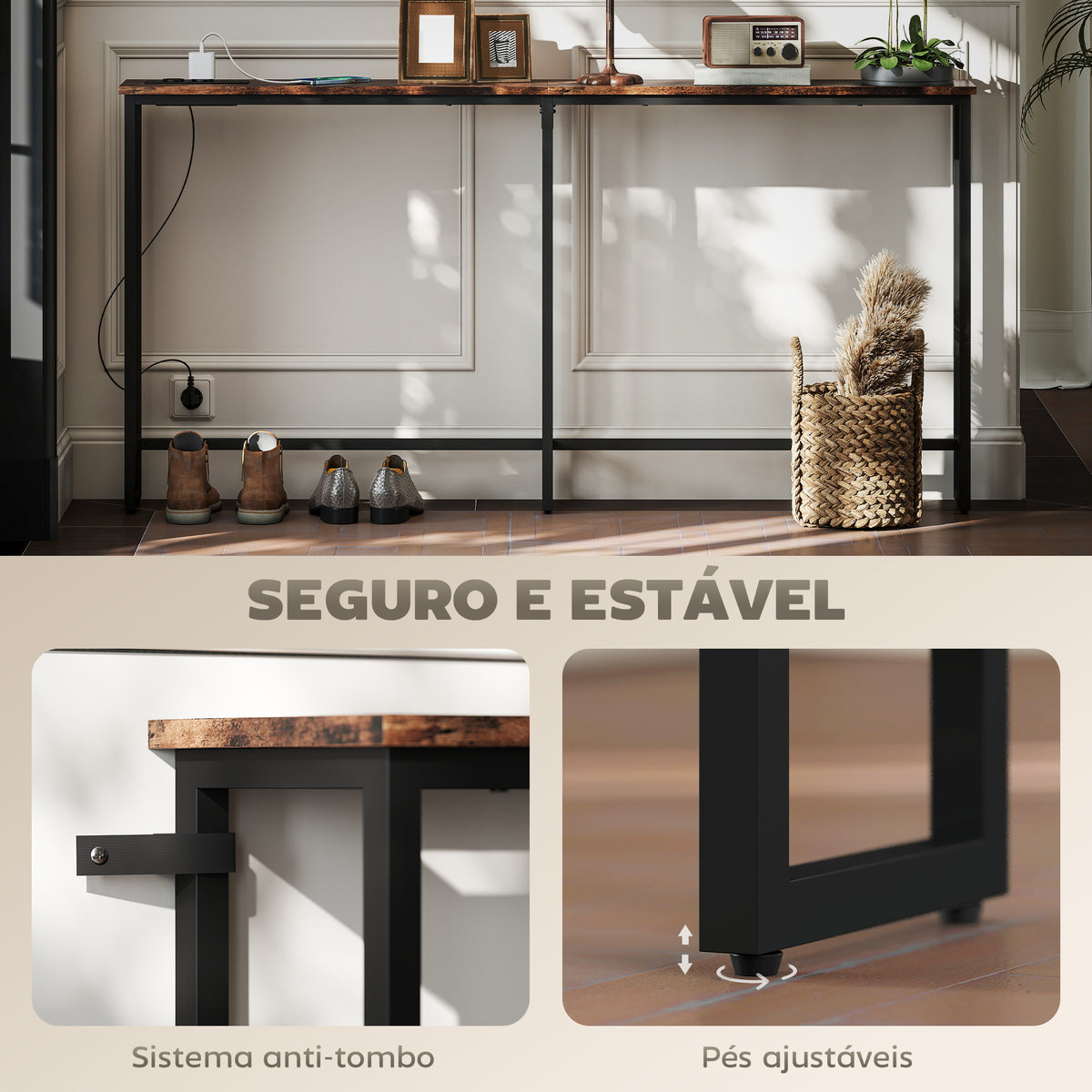 Mesa de Consola Estreita 160 cm Consola com Estação de Carga Estrutura de Aço Estilo Industrial para Corredor Entrada Sala de Estar Dormitório Marrom Rústico — foto 5