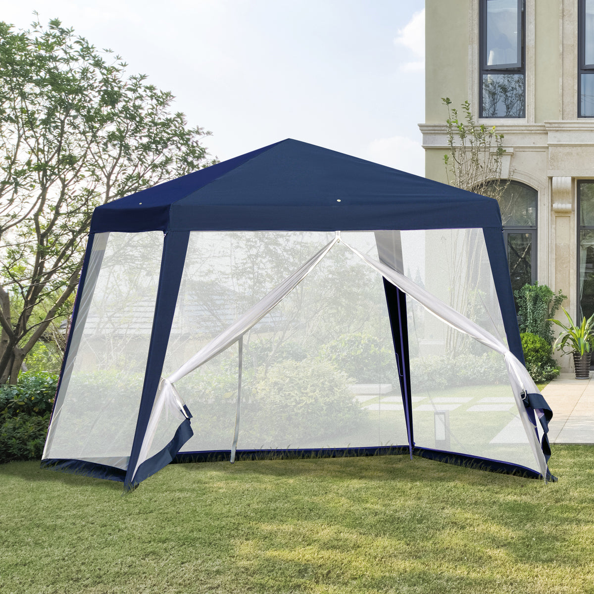 Tenda de Jardim 3x3m Tenda com 4 Partes Laterais Rede Mosquiteira com Zíper Proteção UV para Patio Azul — foto 2