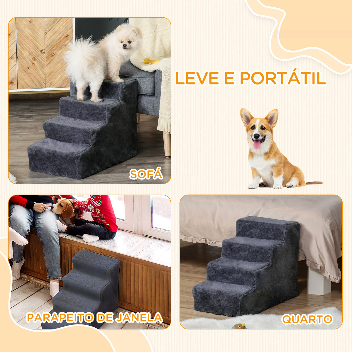 Escada para Animais de Estimação com 4 Degraus 2 em 1 com Capa Removível e Lavável Escada para Cães Gatos Carga 30kg 60x35x44 cm Cinza Escuro — foto 7