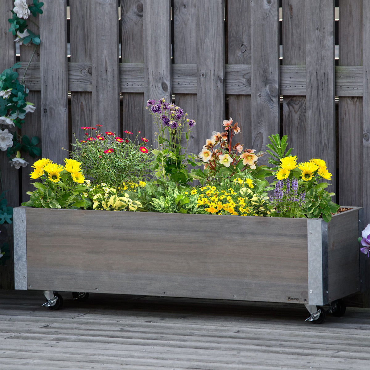 Floreira Exterior Grande com Rodas Floreira de Madeira com Tecido não Tecido Floreira com Sistema de Drenagem para Cultivo de Flores Plantas em Varanda Pátio 96x30,6x30 cm Madeira Acinzentada — foto 2