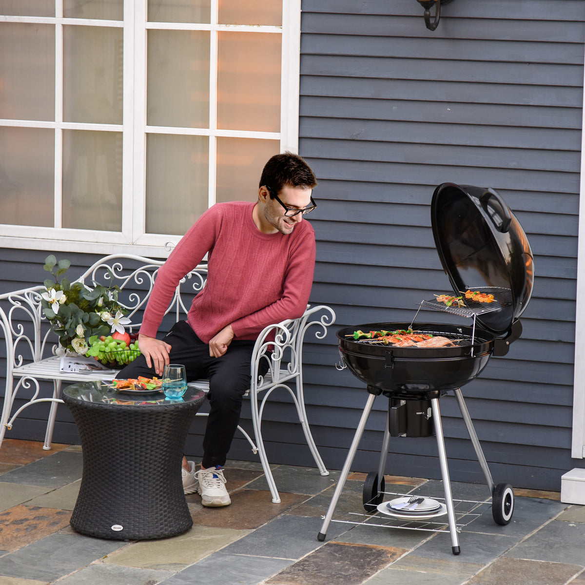 Barbecue a Carvão com Termômetro Barbecue a Carvão com Prateleira e Rodas para Jardim Exterior Campismo 57x63x94 cm Preto e Prata — foto 2