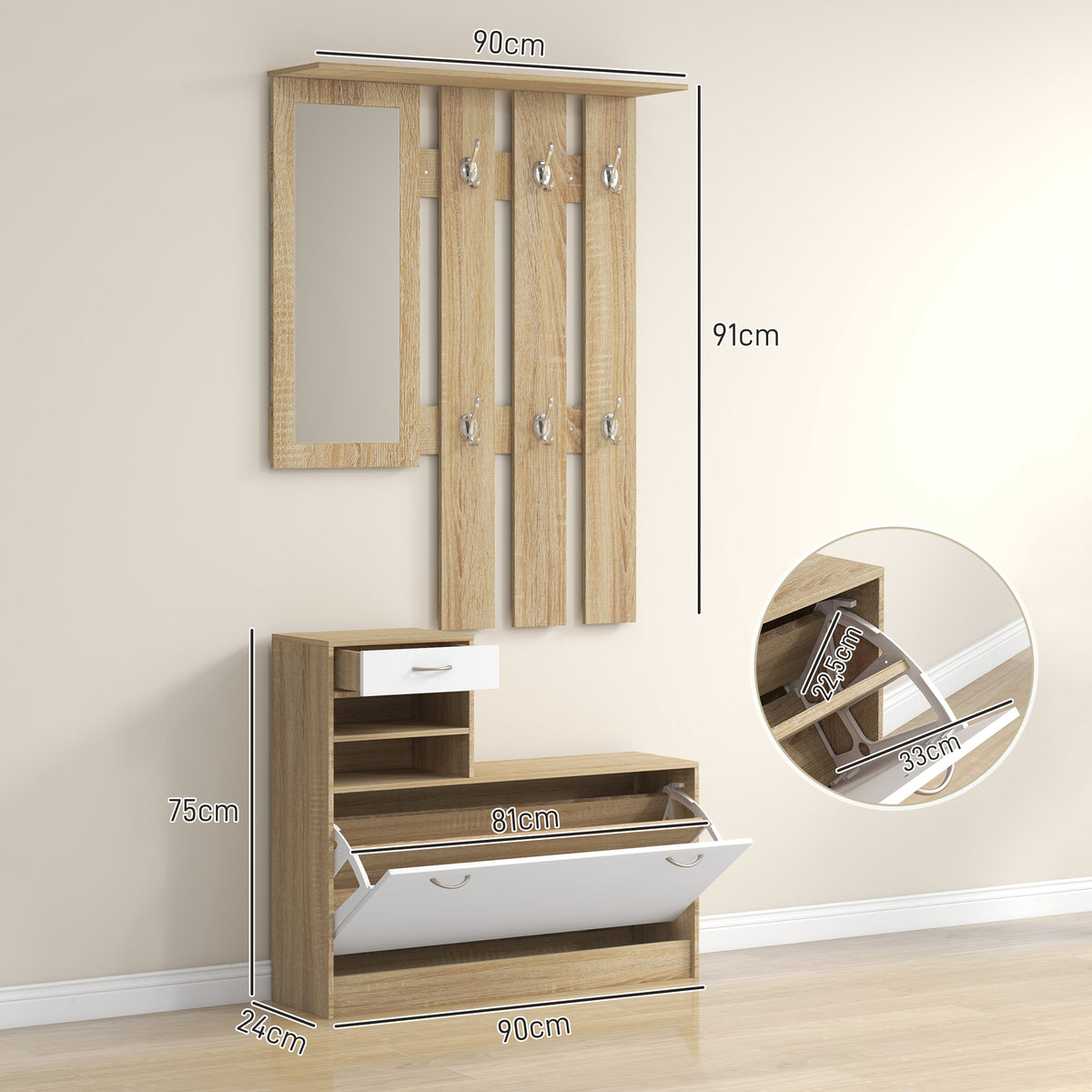 Móvel Cabide de Entrada de 3 Peças Armário de Entrada com Cabide Espelho Sapateira e Gaveta 90x10x102 cm Branco e Madeira — foto 3