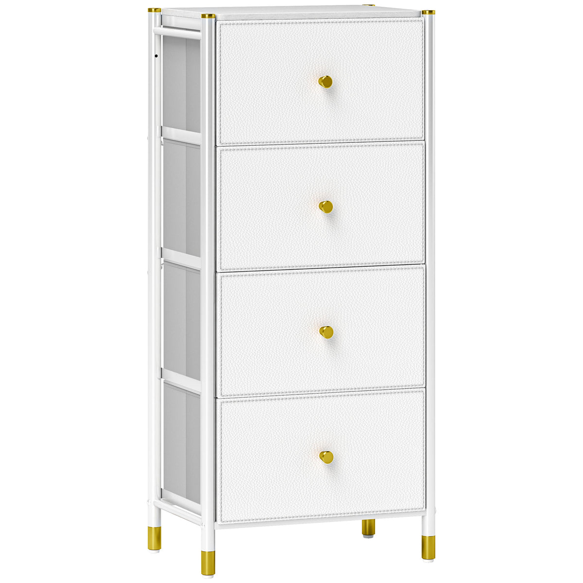 Cómoda para Dormitório Cómoda de Tecido com 4 Gavetas Dobráveis com Frentes de Couro PU e Estrutura de Aço Cómoda para Dormitório 46x30x98 cm Branco — foto 1