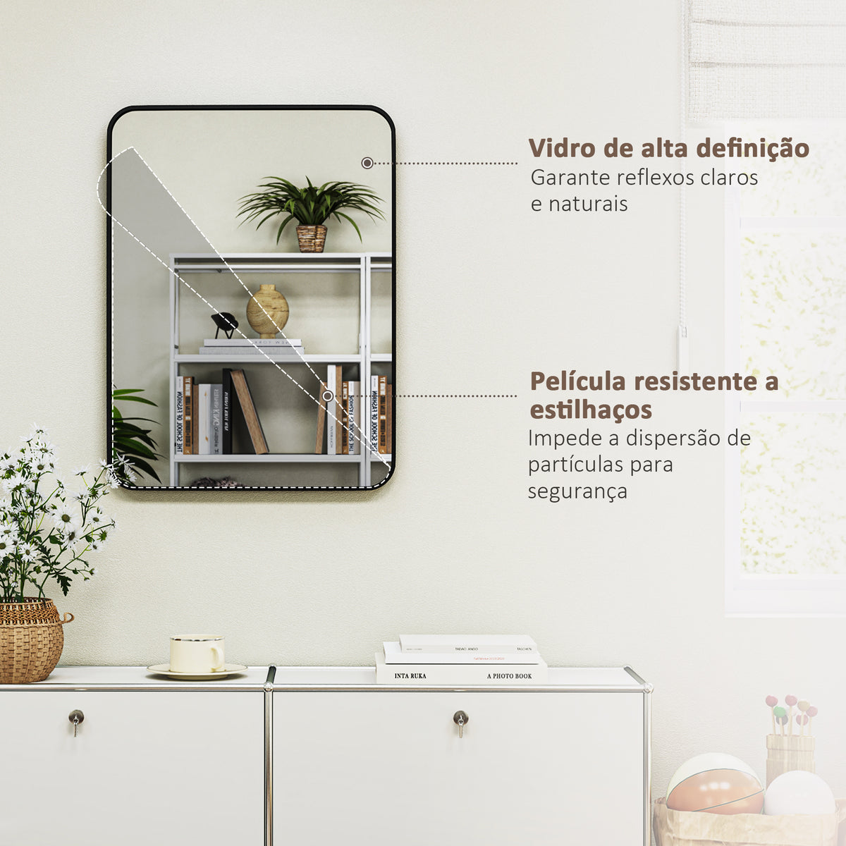 Espelho Casa de Banho 60x80 cm Espelho Retangular Espelho de Parede com Estrutura de Metal Vertical e Horizontal para Entrada Sala de Estar Preto — foto 6