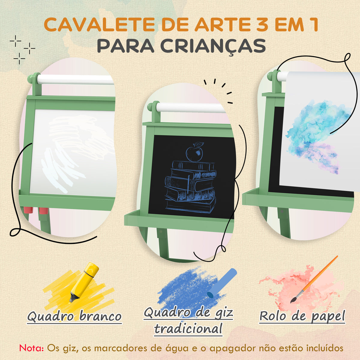 Quadro infantil Cavalete de Pintura Infantil 3 em 1 Quadro Magnético Dupla Face com Rolo de Papel e Cestos de Arrumação Verde — foto 4