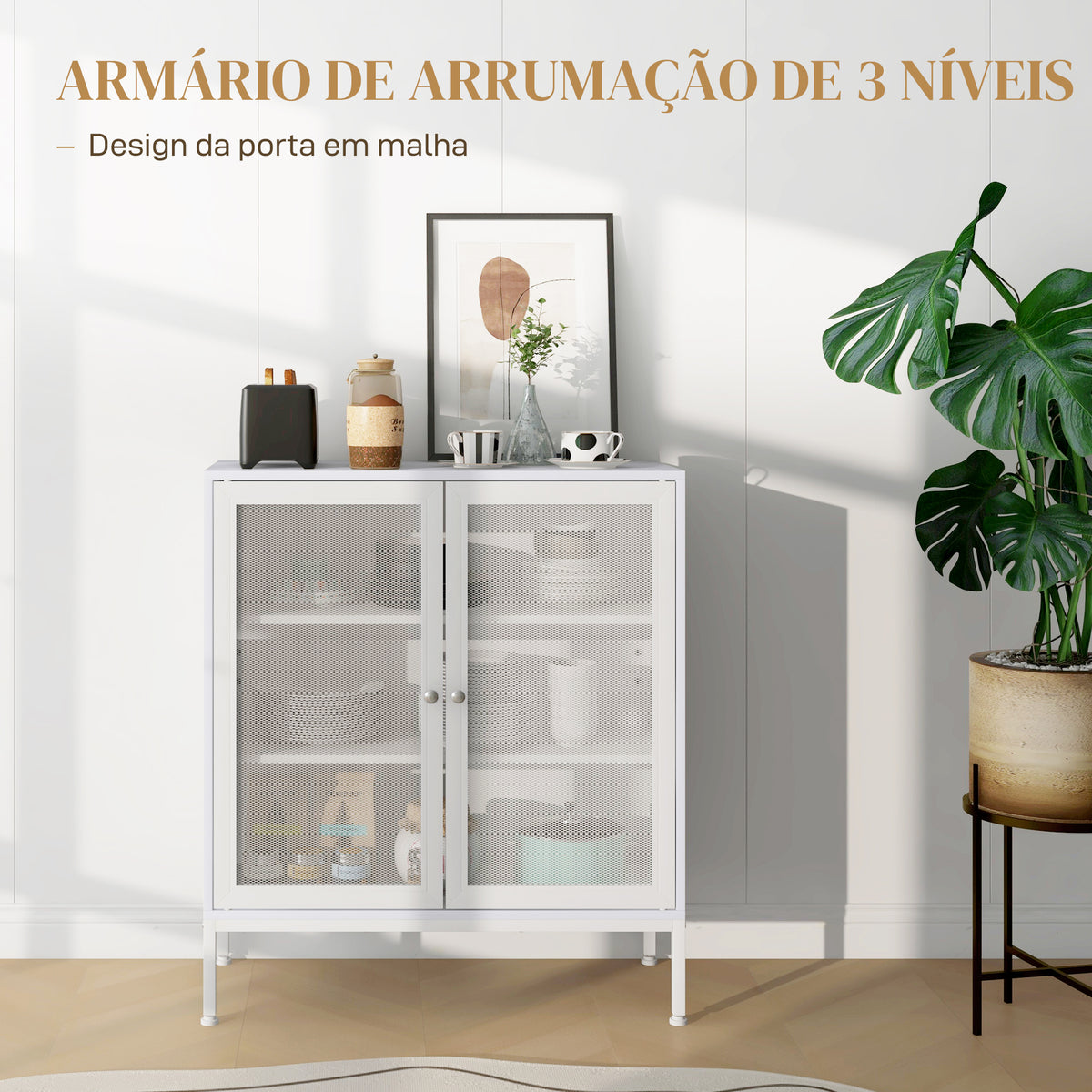 Aparador de 3 Níveis Móvel Auxiliar com Portas de Malha e Prateleira Ajustável Aparador de Cozinha Moderno para Sala 80x37x92 cm Branco — foto 4