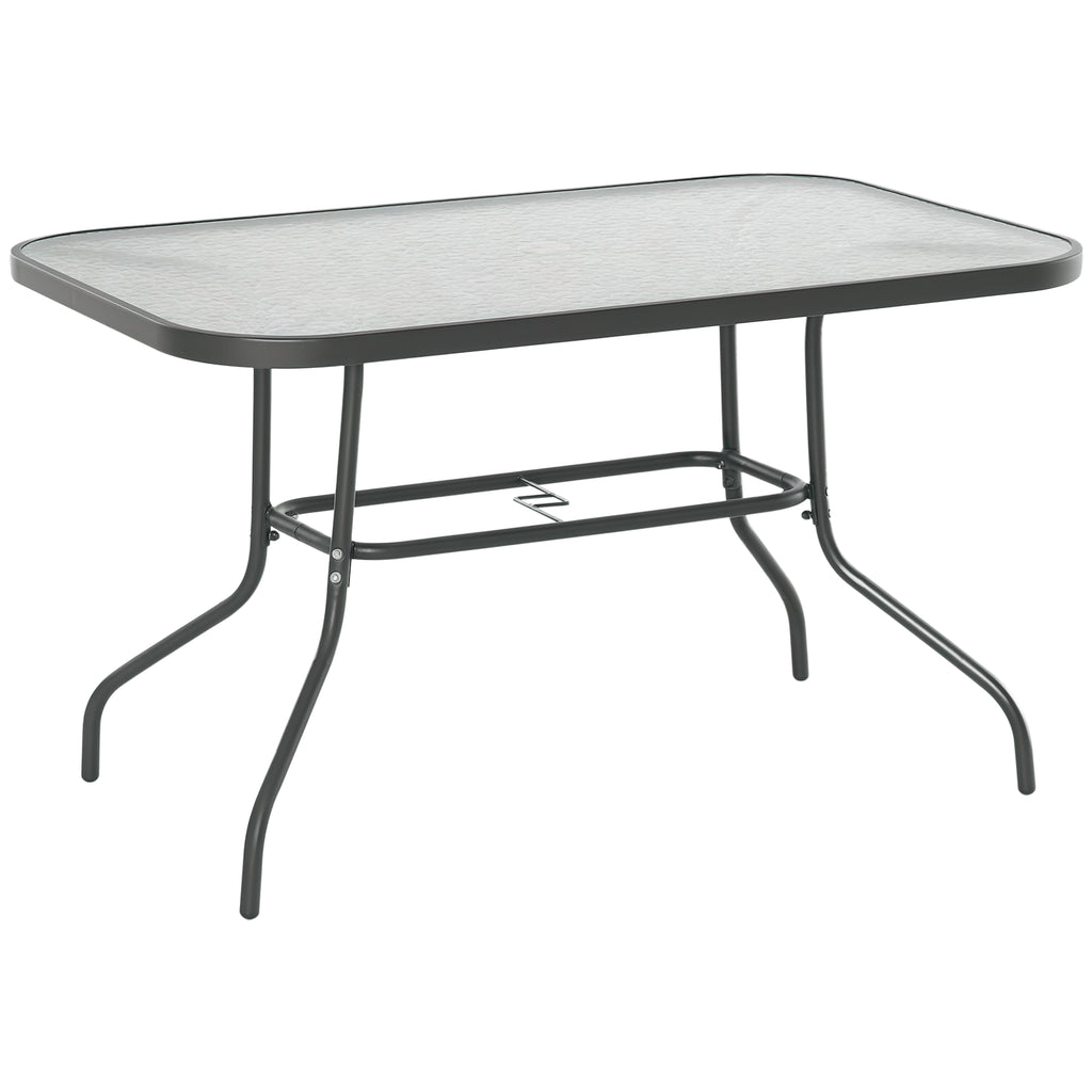 Mesa retangular de metal para jardim Bordas curvas com orifício para guarda-sol Capacidade 70kg Vidro temperado 120x80x70 cm Cinza carvão — foto 1