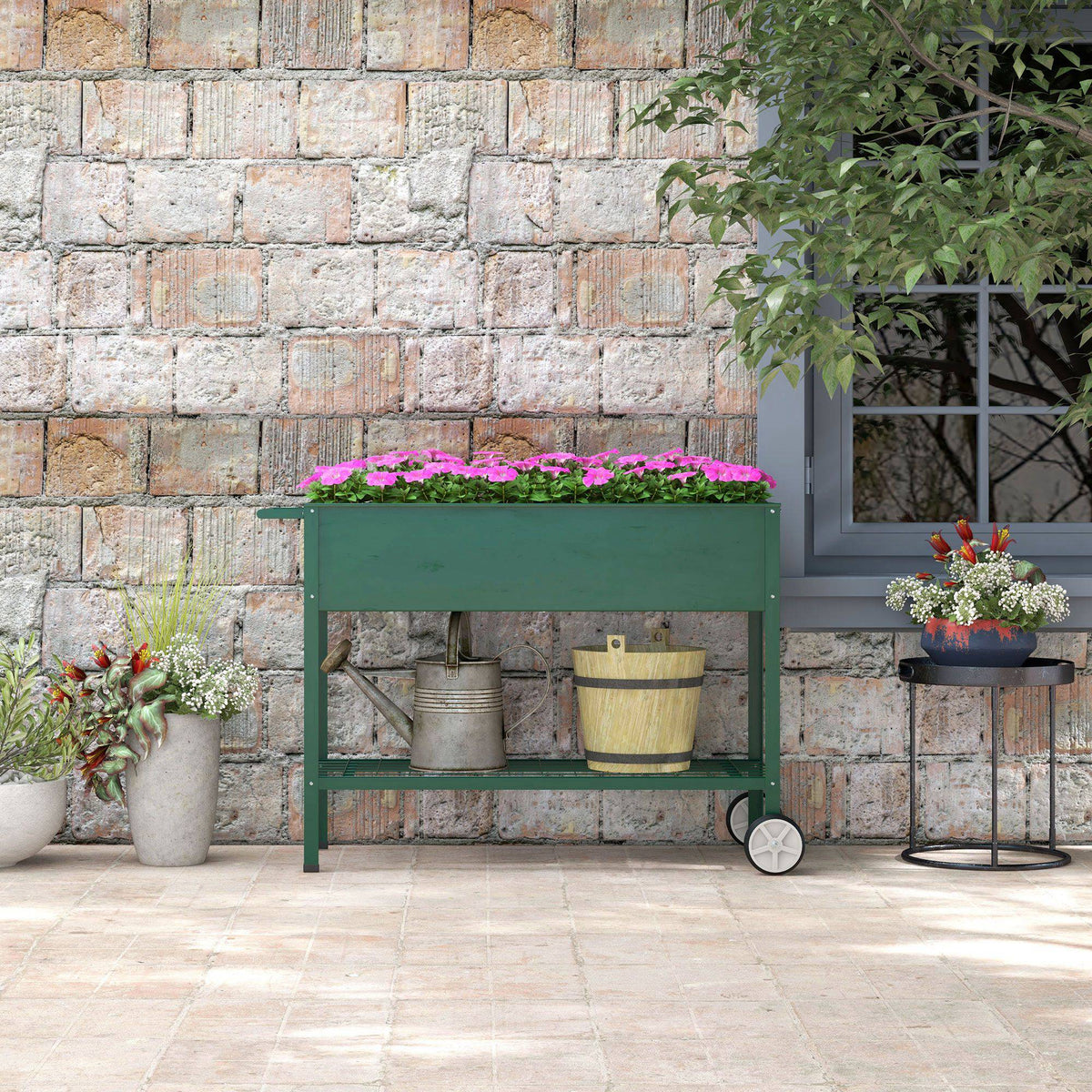 Horta Vertical Elevada de Metal Horta Vertical com Rodas Alça Lateral e Prateleira Inferior para Cultivo de Plantas Flores 109x44x80 cm Verde — foto 8