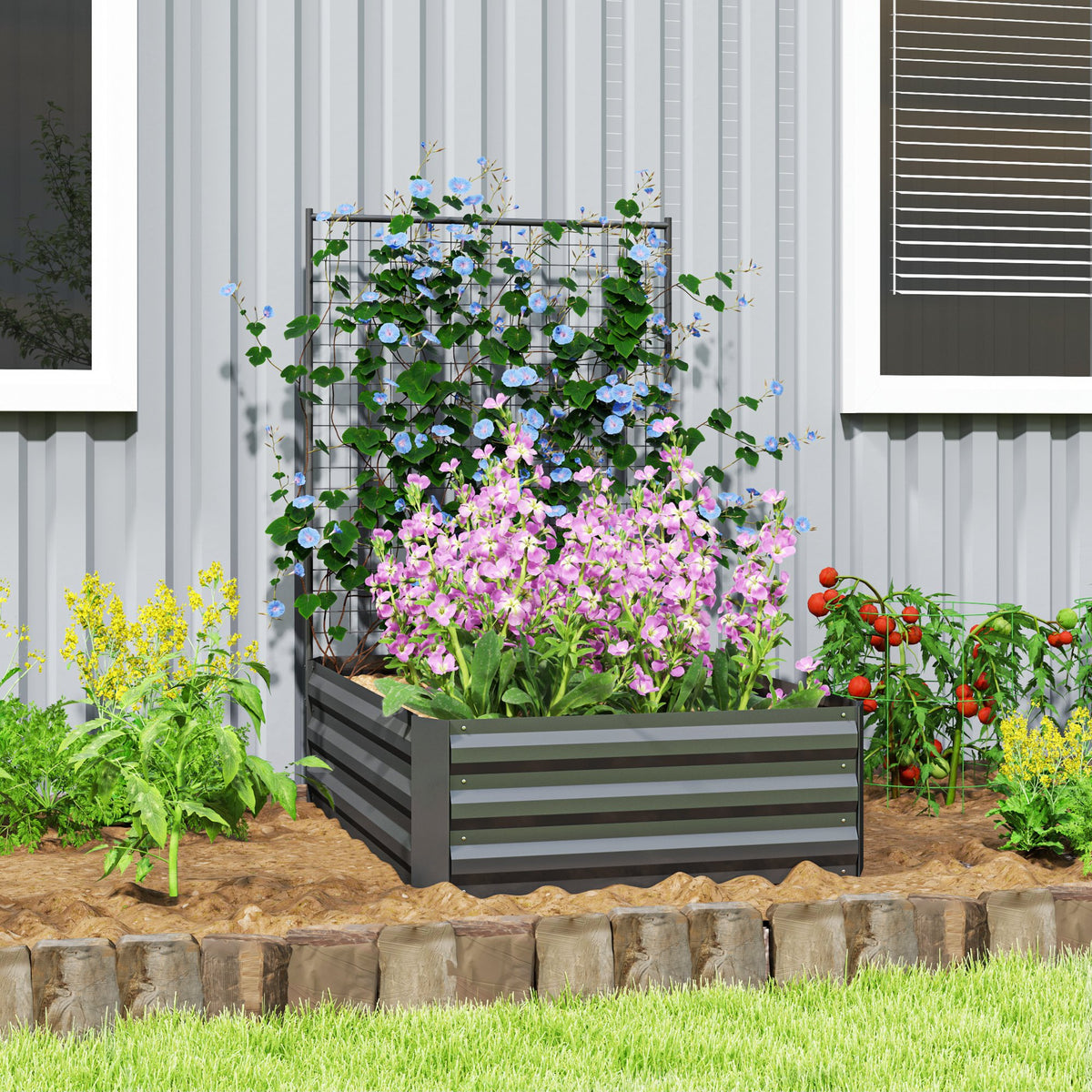 Caixa de Plantio Grande de Exterior Caixa de Plantio de Aço Galvanizado com Treliça para Plantas Trepadeiras e Fundo Aberto para Pátio Varanda 80x115x125 cm Cinza Escuro — foto 2