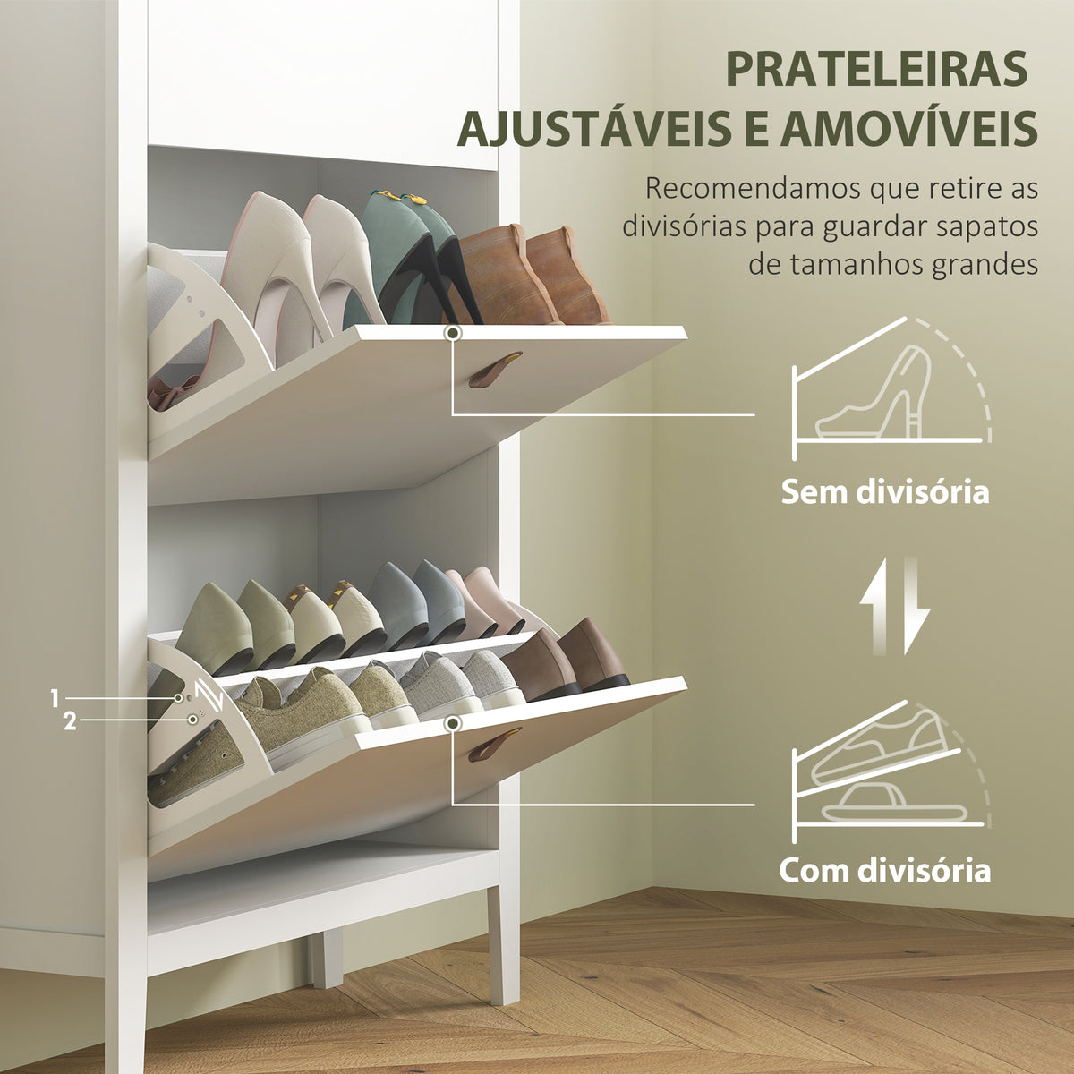 Sapateira Estreita Móvel Sapateira para Entrada com 3 Gavetas Abatíveis Prateleiras Ajustáveis e Puxadores em PU para 21 Pares de Sapatos para Corredor 80x24x131 cm Branco — foto 5