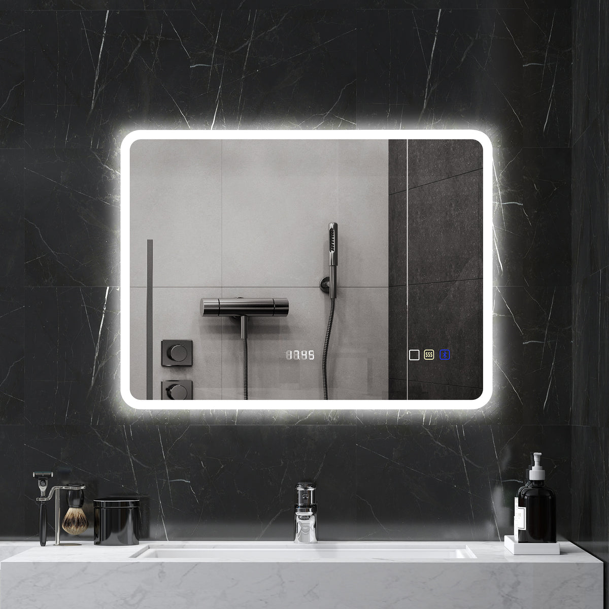 Espelho de Casa de Banho com Luz LED 80x60 cm Espelho de Parede com Bluetooth 3 Cores de Luz Relógio Digital Função Antiembaciamento Função de Memória Interruptor Tátil IP44 Prata — foto 2