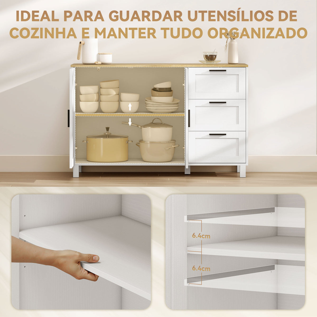 Aparador com 2 Portas Moderno para Sala de Estar com 3 Gavetas Prateleira Ajustável e Pernas de Madeira para Sala de Jantar Entrada, Quarto 120x38x76 cm Branco — foto 4