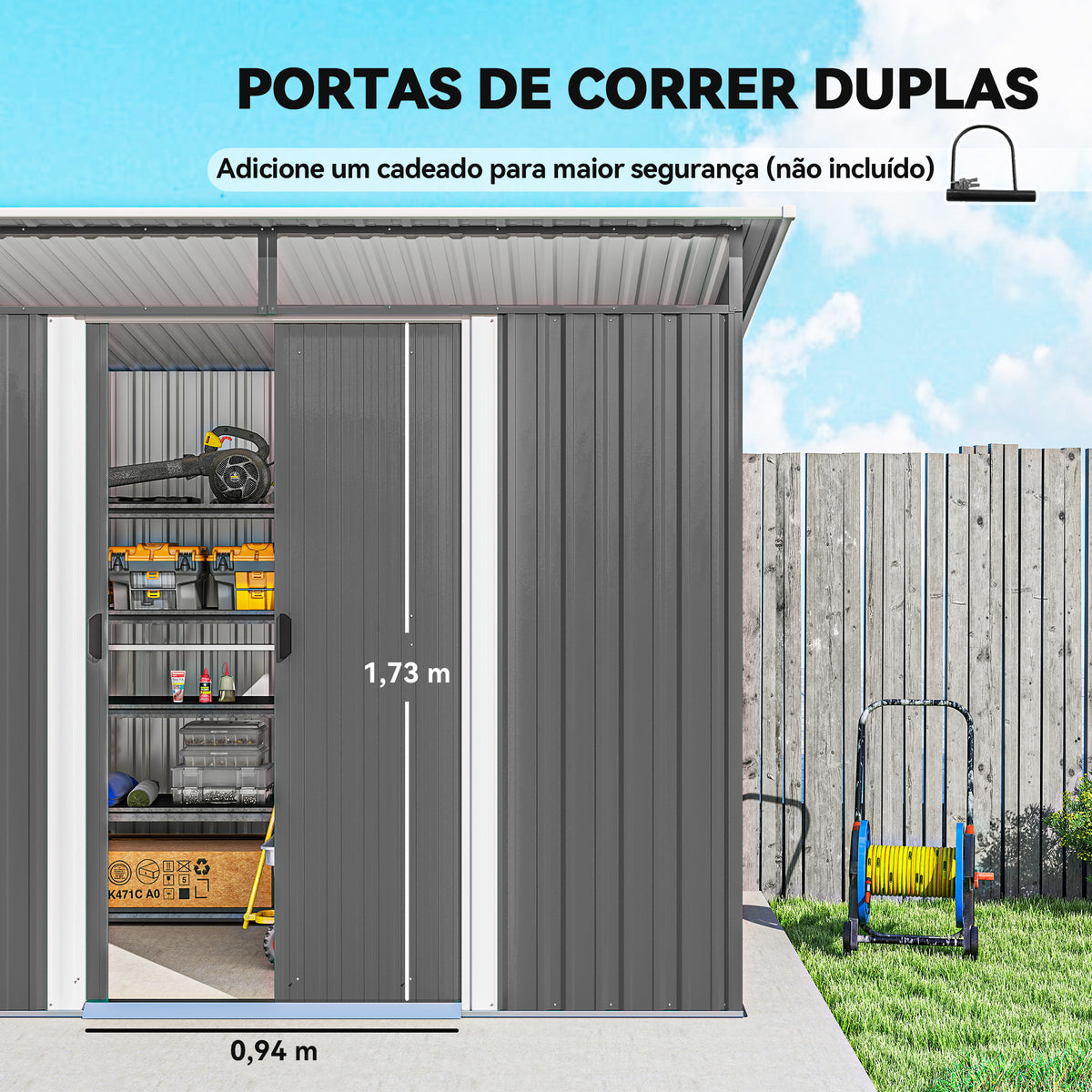 Abrigo de Jardim 4,5 m² 260x194x200 cm Abrigo Exterior Metálico com Painéis Frontais Transparentes e 2 Portas Deslizantes para Armazenamento de Ferramentas Cinzento — foto 5