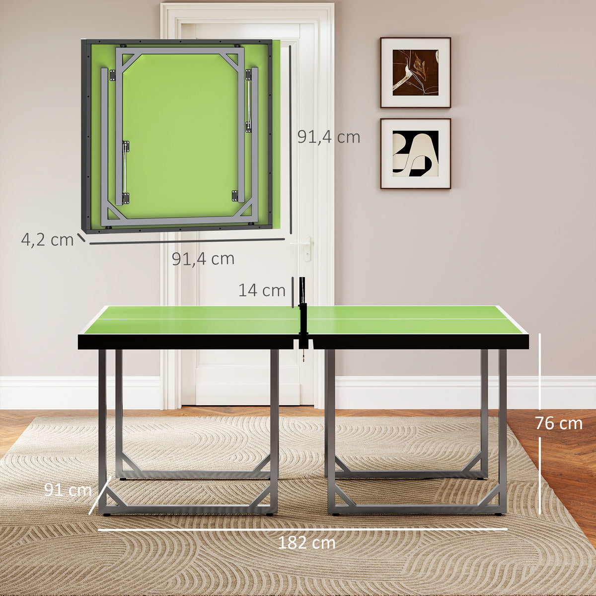 Mesa de Ping Pong Dobrável Mesa de Ping Pong Profissional com Rede e Estrutura de Aço para Interior e Exterior 182x91x76 cm Verde — foto 3