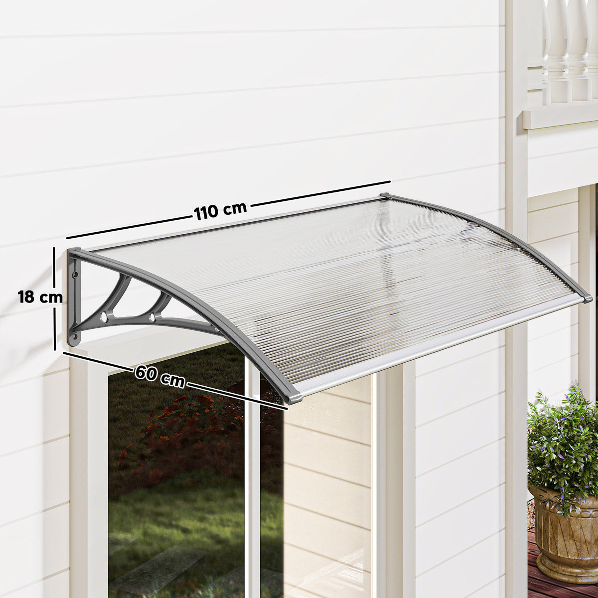 Marquise de Proteção 110x60cm Marquise Exterior para Portas e Janelas contra o Sol e Chuva com Suporte de PP Policarbonato Cinza — foto 3