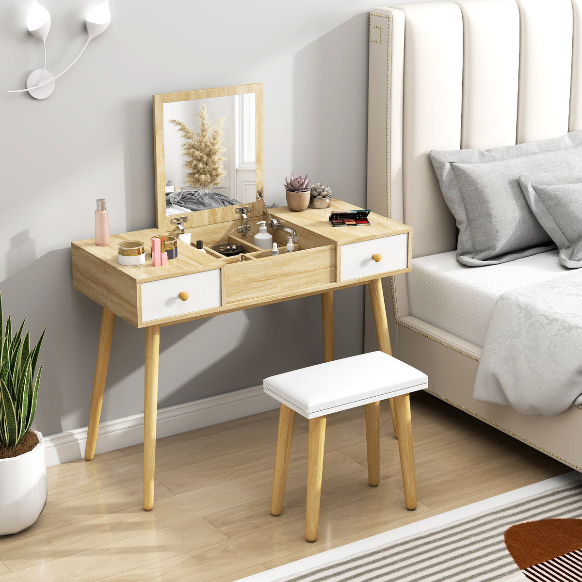 Toucador com Espelho Dobrável Mesa de Maquilhagem com Banco Compartimentos e Gavetas 100x45x118cm Madeira e Branco — foto 2