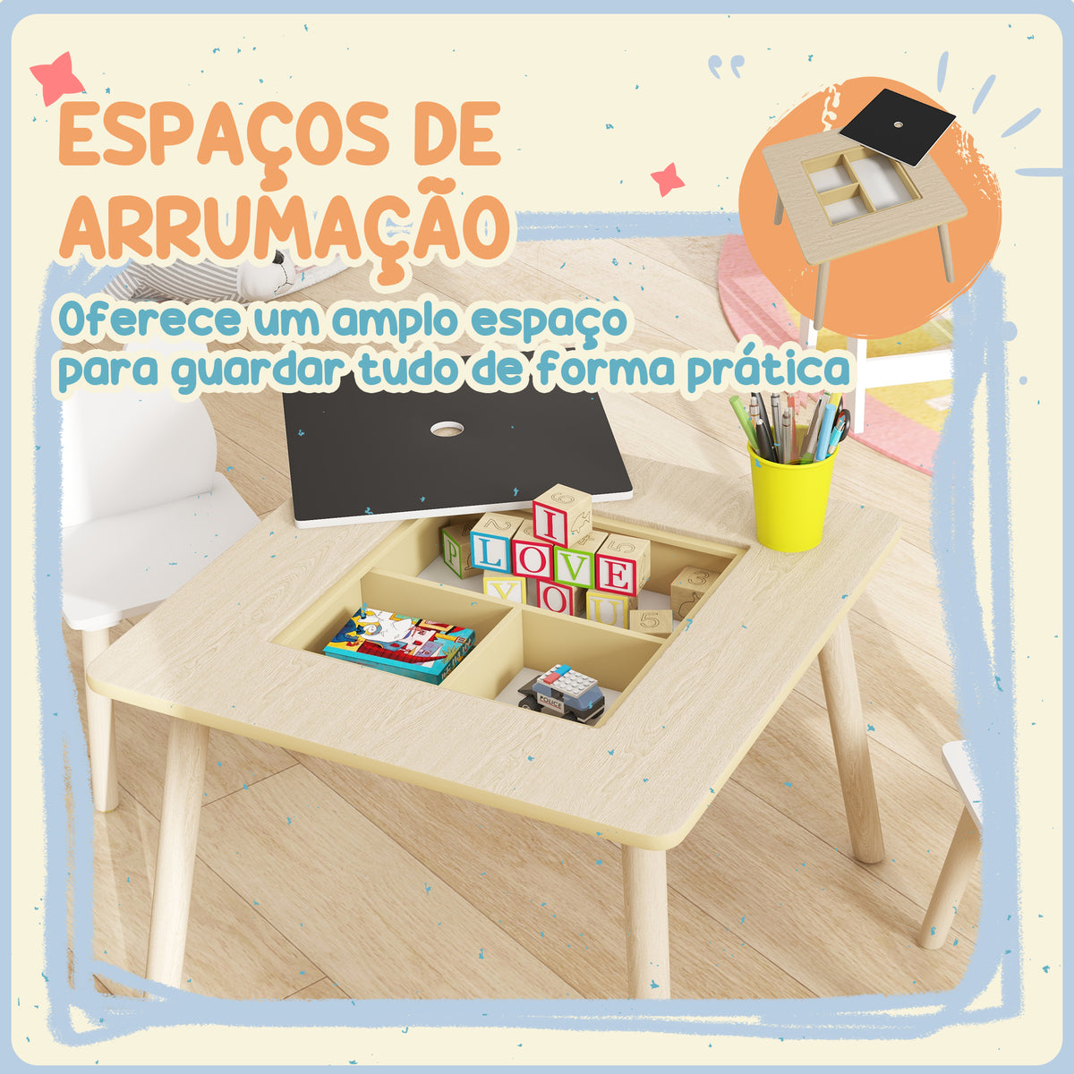 Conjunto de Mesa e 2 Cadeiras de Madeira Mesa Infantil com Cadeiras com Encosto em Forma de Ursinho e Compartimentos Ocultos para Crianças para Escola Infantil Quarto Madeira e Branco — foto 6