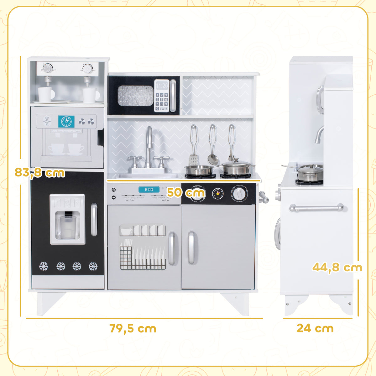 Cozinha de Madeira com Som Cozinha Infantil com Acessórios em Aço Inoxidável Micro-Ondas, Máquina de Gelo Cafeteira, Máquina de Lavar Loiça para Crianças a partir dos 3 Anos 79,5x24x83,8 cm Branco — foto 3