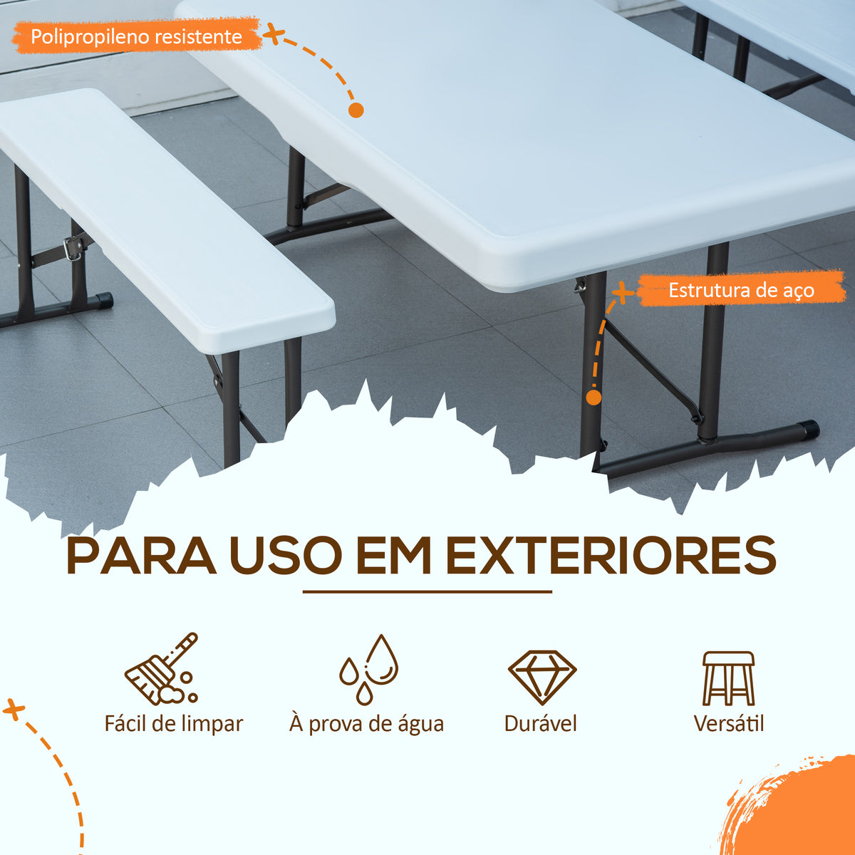 Conjunto de Mesa e 2 Bancos Dobráveis de Jardim Mesa de Campismo Portátil Mesa de 103x63x73cm e Bancos de 84,5x20x40cm Branco — foto 5