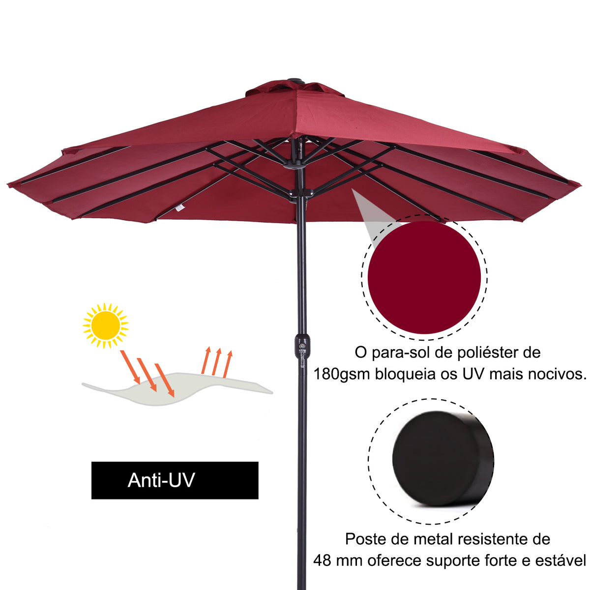 Chapéu de Sol Duplo 4,55x2,65x2,38 m Chapéu de Sol de Jardim com Manivela Manual Resistente à Água e com Proteção Solar UV para Terraço Pátio Vinho — foto 5