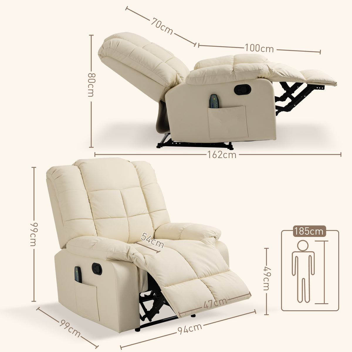 Poltrona de Massagem Poltrona Relax Reclinável com 8 Pontos de Massagem Controlo Remoto Estofada em PU Apoio para Pés Bolso Lateral Poltrona para Sala de Estar Quarto 94x99x99 cm Creme — foto 3