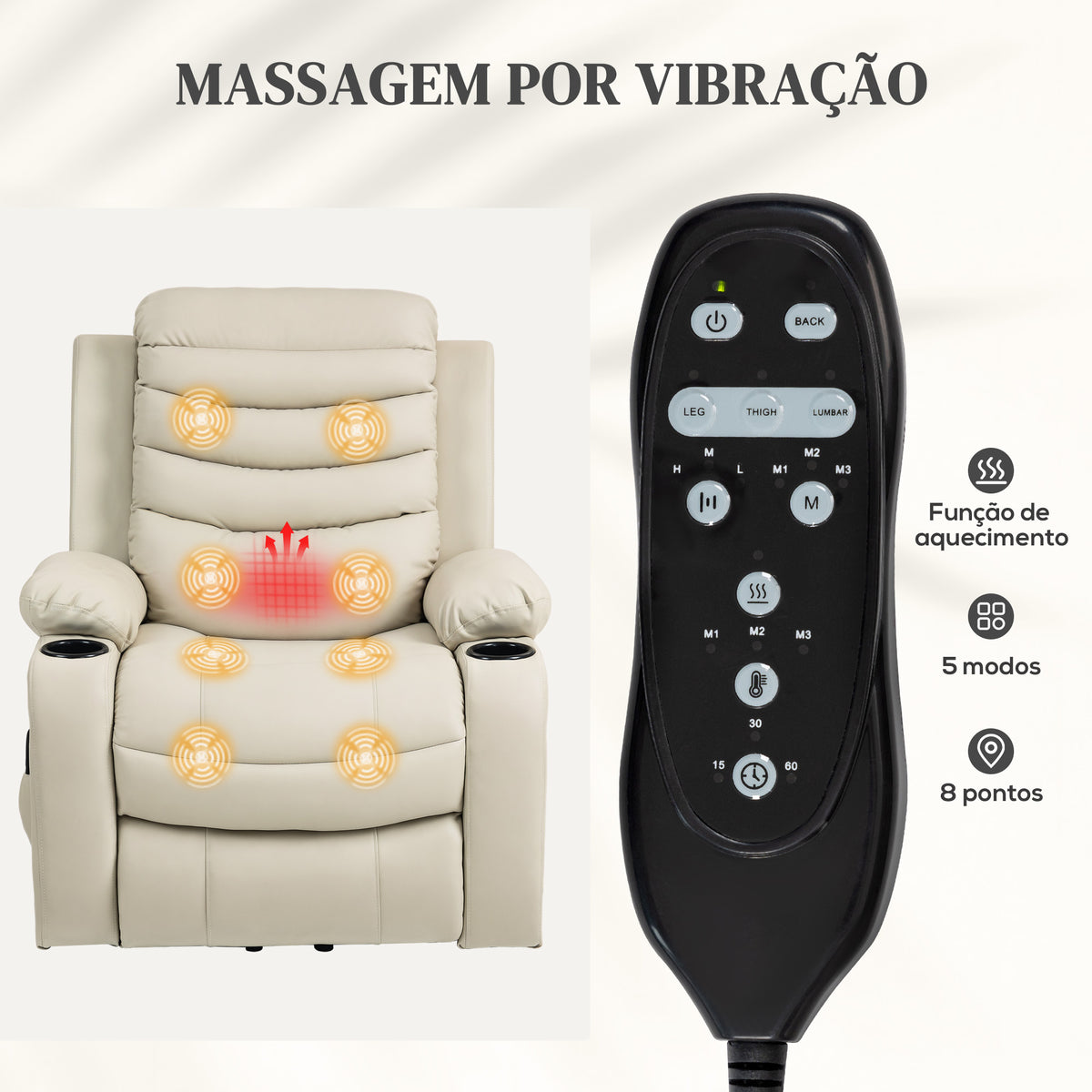 Poltrona Relax Reclinável Elétrica Elevatória com Massagem Vibratória e Aquecimento Poltrona Elevatória com Porta USB Controlo Remoto Apoio para Pés Estofada em PU Bolsos Laterais Creme — foto 5