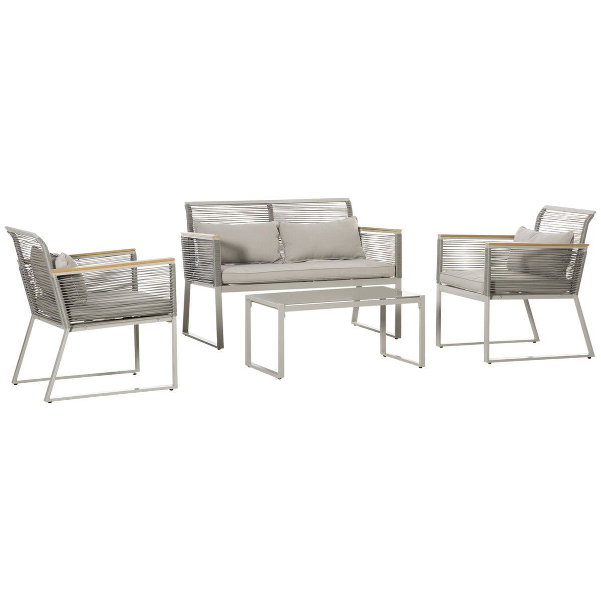 Conjunto de Móveis de Jardim Vime 4 Peças Sofá Duplo 2 Poltronas Individuais e Mesa de Centro com Vidro com Almofadas para Exterior Terraço Cinza — foto 1