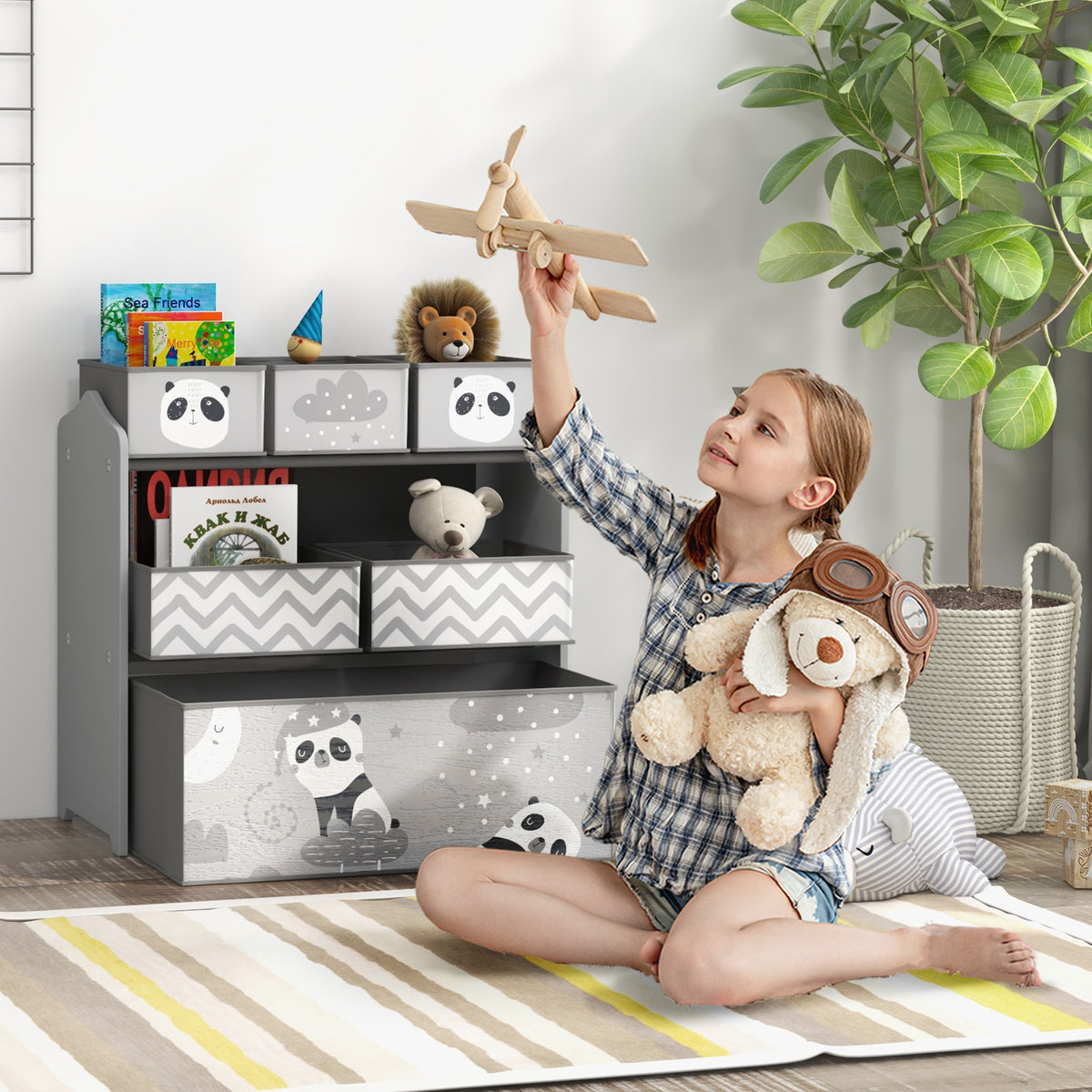 Estante para Brinquedos com 6 Caixas de Tecido não Tecido Amovíveis Organizador de Brinquedos para Crianças de 3-8 Anos para Dormitório 63x30x66 cm Ciza — foto 2