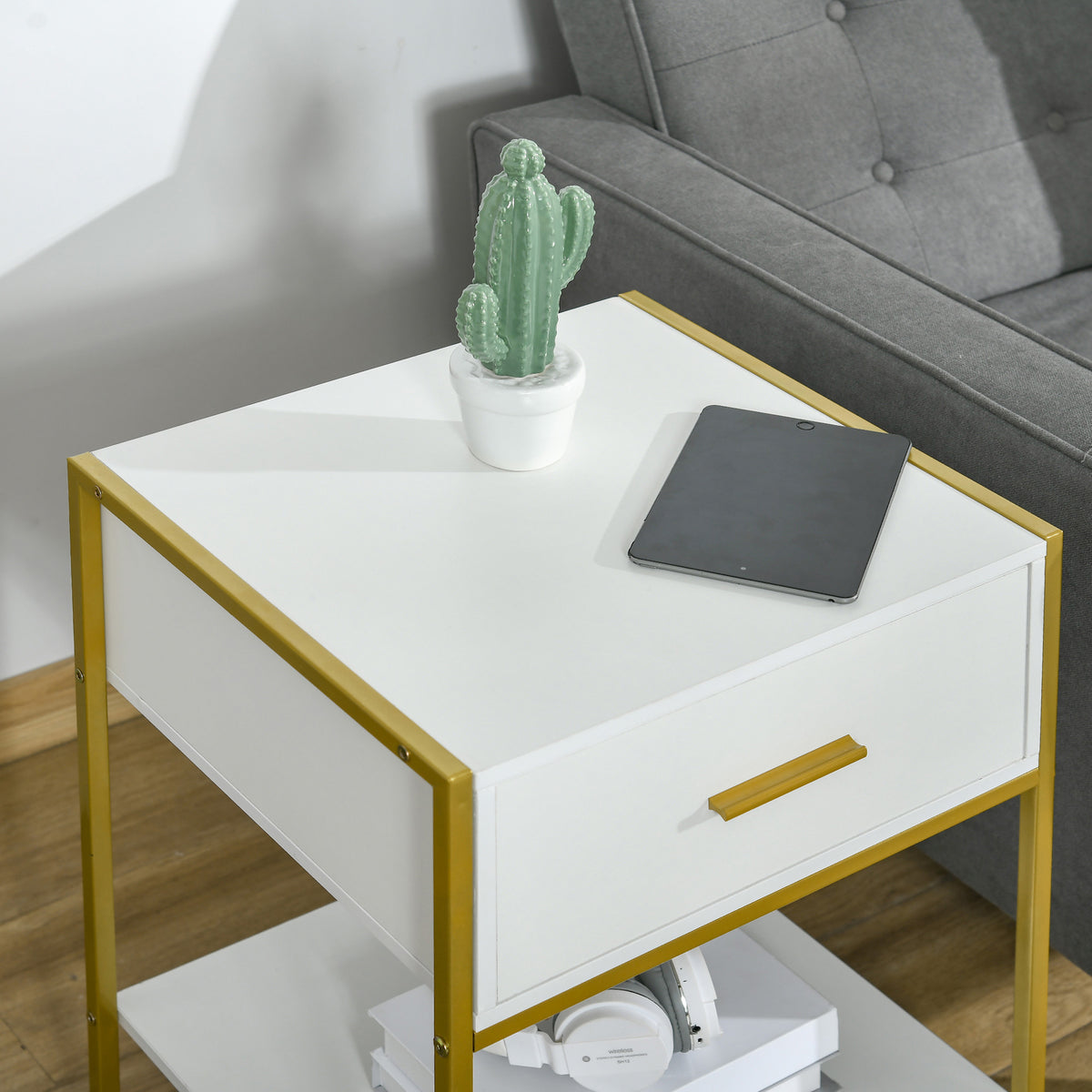 Mesa de Cabeceira Mesa Auxiliar com 1 Gaveta e Prateleira de Armazenamento para Dormitórios Sala de Estar Escritório Estilo Moderno 45x40x60cm Branco — foto 8