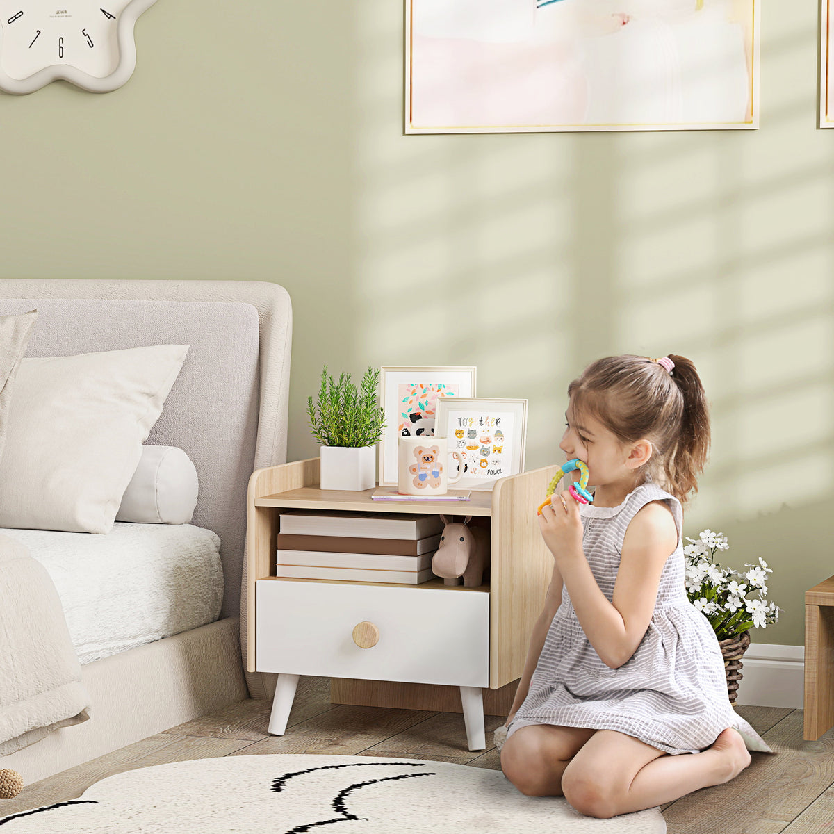 Mesa de Cabeceira Infantil de Madeira Mesa de Cabeceira para Crianças acima de 3 Anos com Gaveta Bordas Redondas para Dormitório 40x32,5x40 cm Branco e Madeira — foto 2