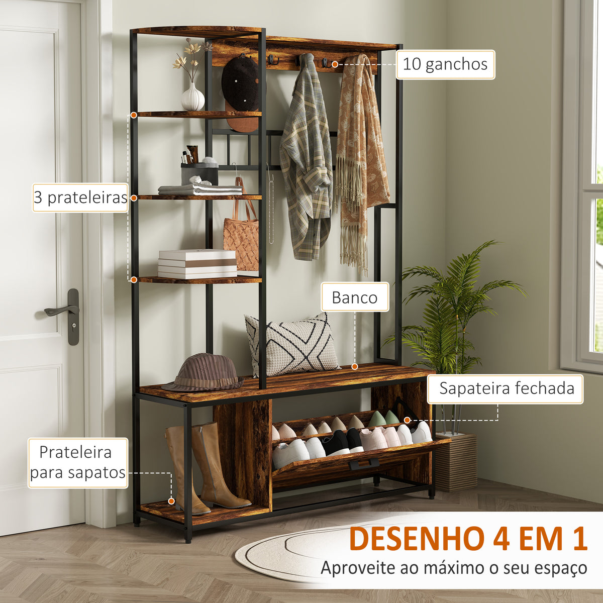 Móvel Cabide de Entrada com Sapateira Móvel de Entrada 4 em 1 com Banco Sapateira Prateleiras Ganchos Compartimento e Sistema Anti-Tombo para Corredor Dormitório 120x35x180 cm Marrom Escuro — foto 4