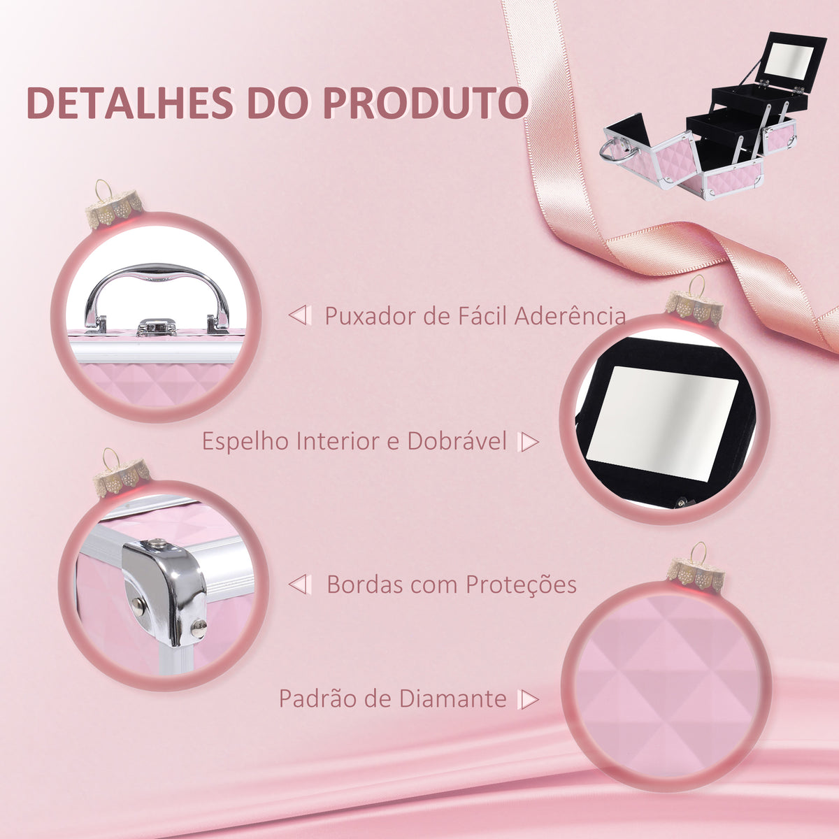 Estojo de Maquilhagem Organizador Cosméticos Profissional Estojo de Maquilhagem Portátil com Fecho e Vários Compartimentos 20x15x15 cm Rosa — foto 5