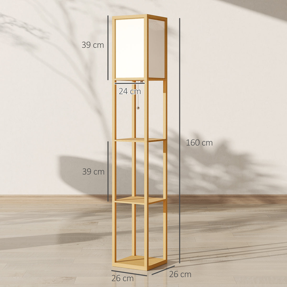 Candeeiro de Pé de Madeira com 3 Prateleiras De Armazenamento para Lâmpada E27 Potência Máx. 40W Candeeiro Moderno para Sala de Estar Dormitório 26x26x160 cm Madeira e Branco — foto 3