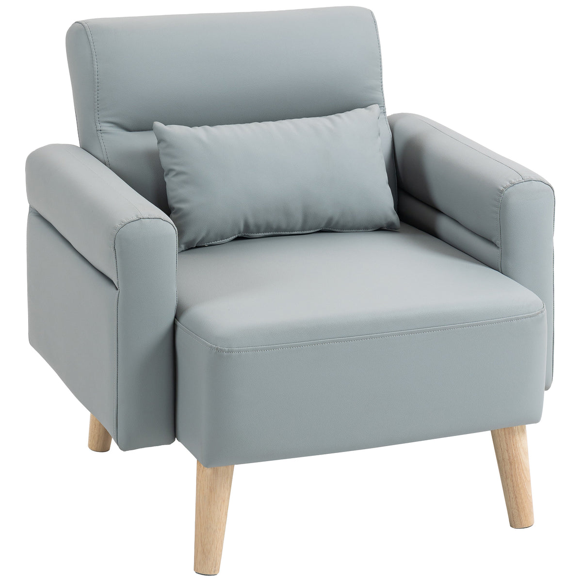 Poltrona Moderna Estofada em Couro Sintético com Apoios de Braço Acolchoados Encosto com Costuras e Pés em Madeira para Dormitório 77x78x78 cm Cinzento — foto 1