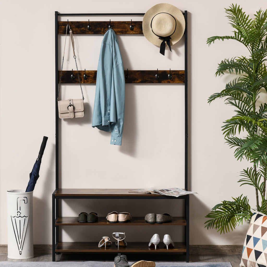 Cabide com sapateira Cabide com 12 ganchos Banco estilo industrial com 3 prateleiras Estrutura metálica 100x40x184 cm Castanho Rústico e Preto — foto 7