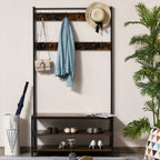 Cabide com sapateira Cabide com 12 ganchos Banco estilo industrial com 3 prateleiras Estrutura metálica 100x40x184 cm Castanho Rústico e Preto — foto 7