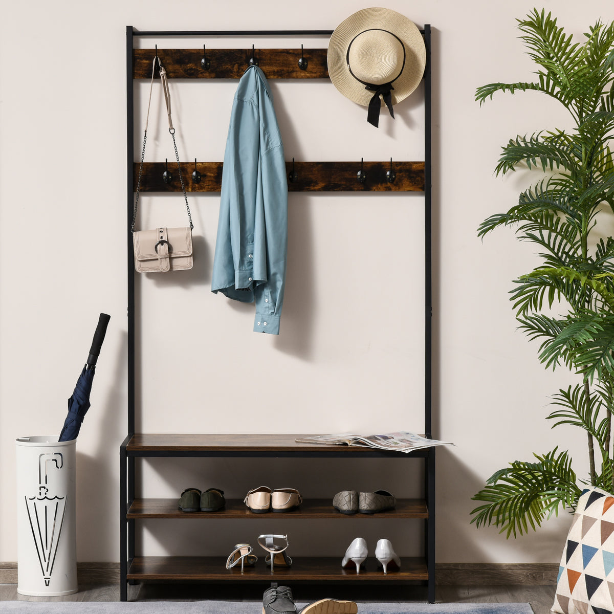 Cabide com sapateira Cabide com 12 ganchos Banco estilo industrial com 3 prateleiras Estrutura metálica 100x40x184 cm Castanho Rústico e Preto — foto 7